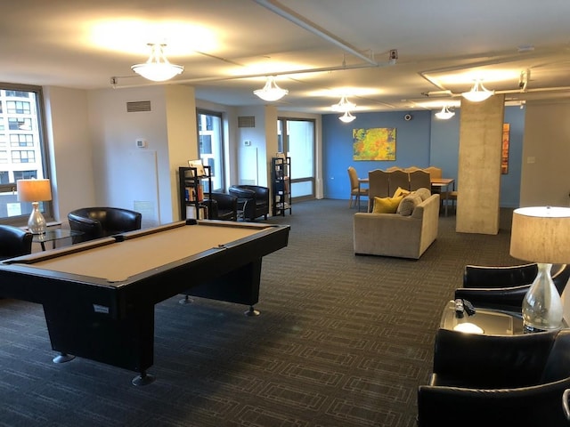 game room with dark carpet and billiards