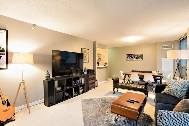 living room with a textured ceiling and carpet