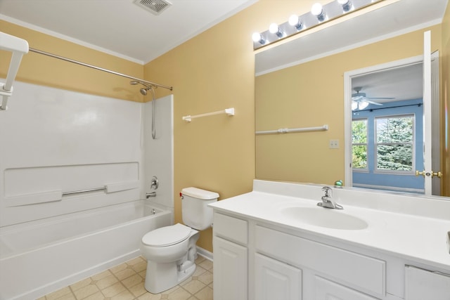 full bathroom featuring vanity, toilet,  shower combination, and ceiling fan