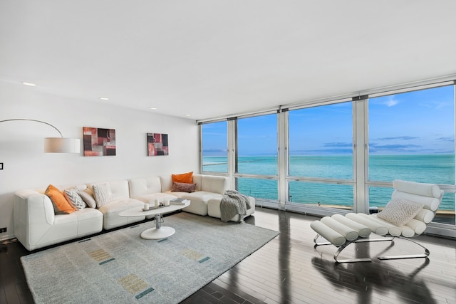 living room featuring hardwood / wood-style flooring and a water view