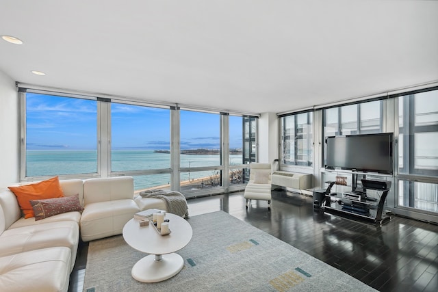 living room featuring a water view, hardwood / wood-style floors, and floor to ceiling windows