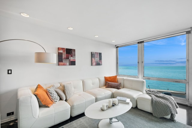 living room with a water view and wood-type flooring