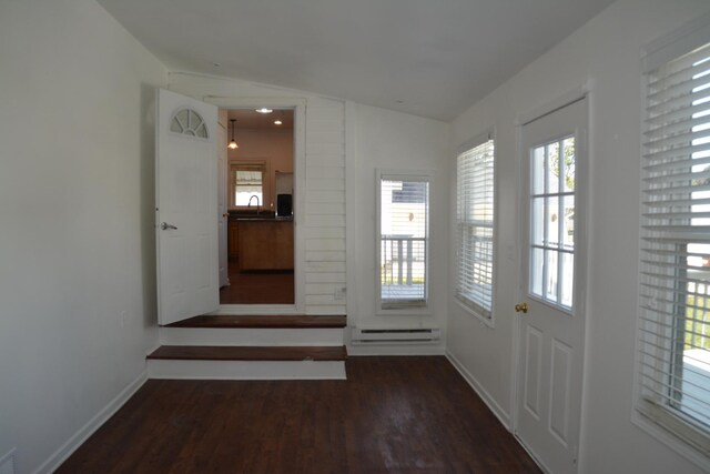 doorway with a baseboard heating unit, dark hardwood / wood-style floors, sink, and vaulted ceiling