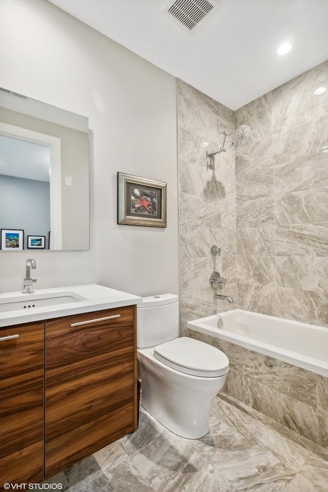 full bathroom with vanity, toilet, shower / bathtub combination, and marble finish flooring