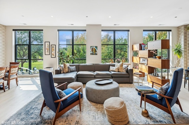living area featuring wood finished floors and recessed lighting