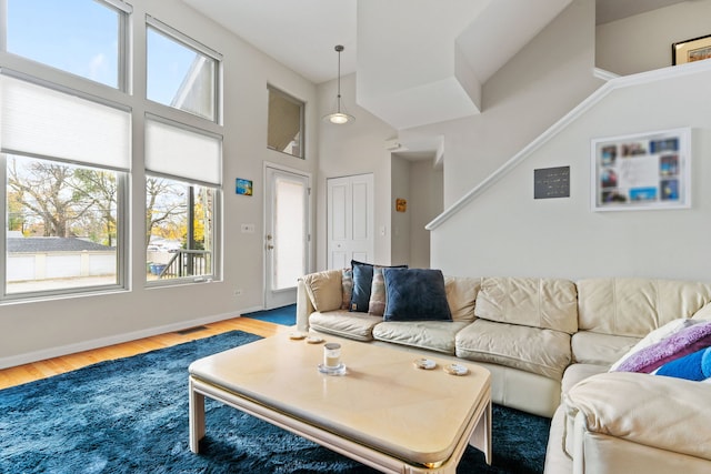 living room with wood-type flooring and a high ceiling