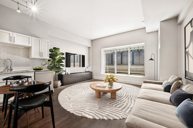 living room with hardwood / wood-style flooring and sink