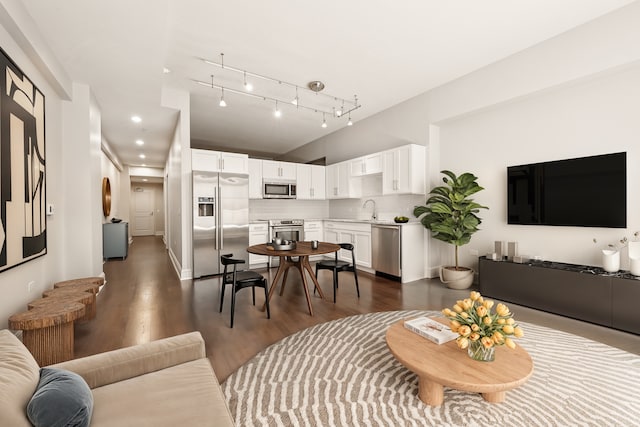 living room with dark wood-type flooring, sink, and track lighting