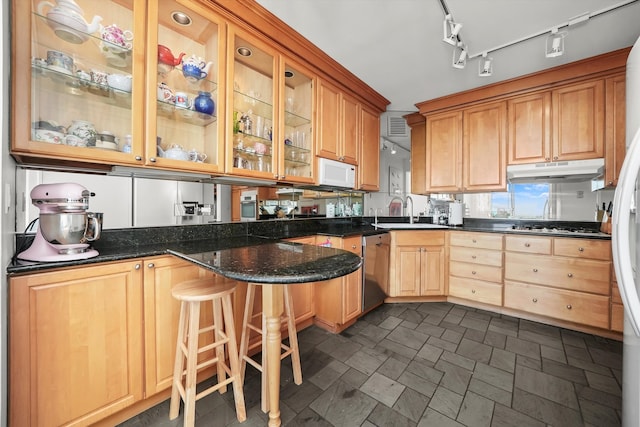 kitchen with sink, kitchen peninsula, dishwasher, dark stone counters, and a kitchen bar