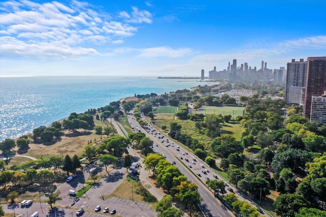 bird's eye view with a water view