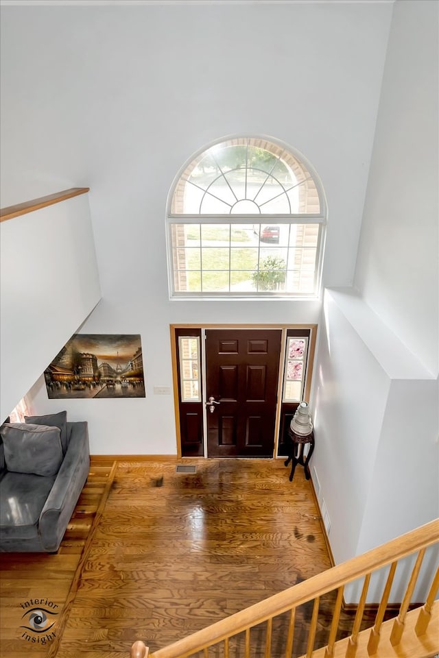 entrance foyer with a towering ceiling and hardwood / wood-style flooring