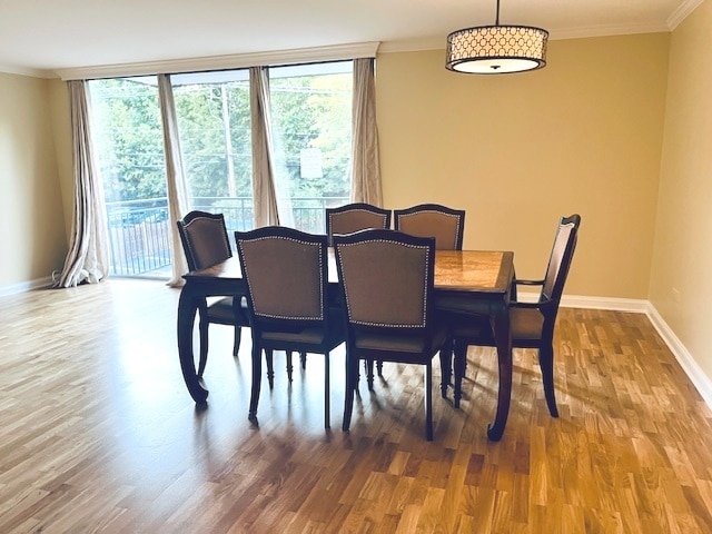 dining room with ornamental molding and hardwood / wood-style floors