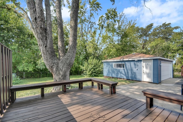 deck featuring a lawn and a shed