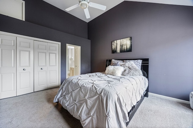 bedroom with carpet, high vaulted ceiling, ceiling fan, and a closet