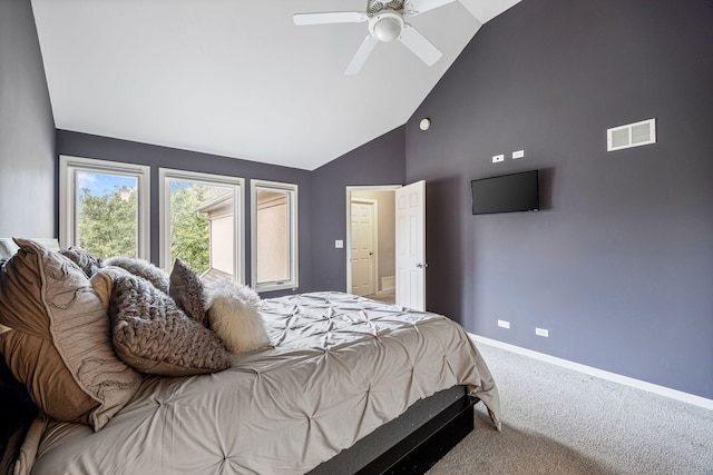 carpeted bedroom with high vaulted ceiling and ceiling fan