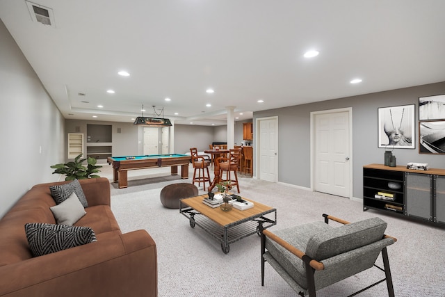 carpeted living room featuring billiards