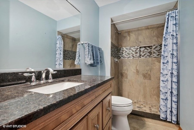 full bathroom with toilet, shower / bath combination with curtain, vanity, and tile patterned floors