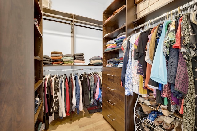 walk in closet with light wood-type flooring