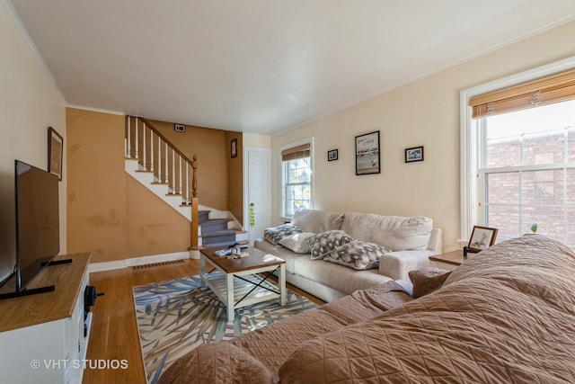 living room featuring hardwood / wood-style flooring and crown molding