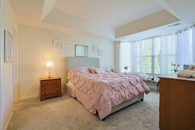 bedroom featuring light colored carpet and a raised ceiling