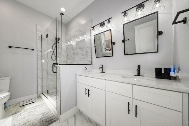 full bath with marble finish floor, a sink, toilet, and a shower stall