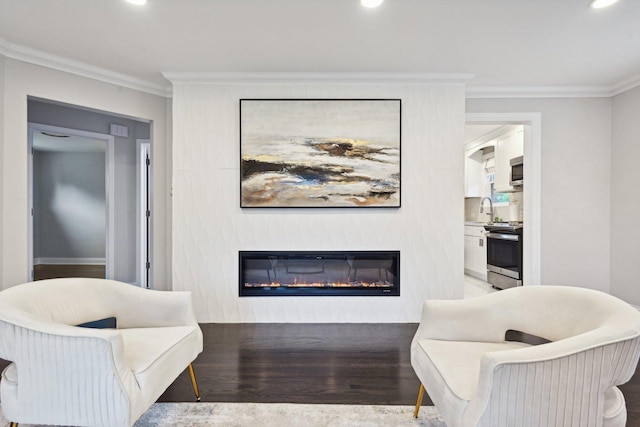 living area featuring sink, wood-type flooring, and crown molding