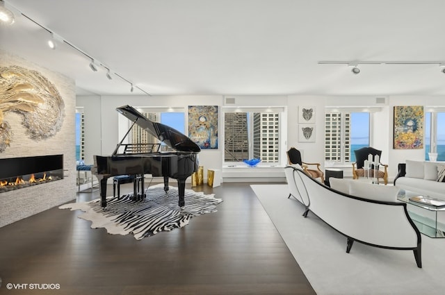 living room featuring track lighting, hardwood / wood-style flooring, and a fireplace