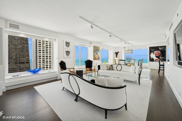 living room with dark hardwood / wood-style flooring, a water view, and rail lighting