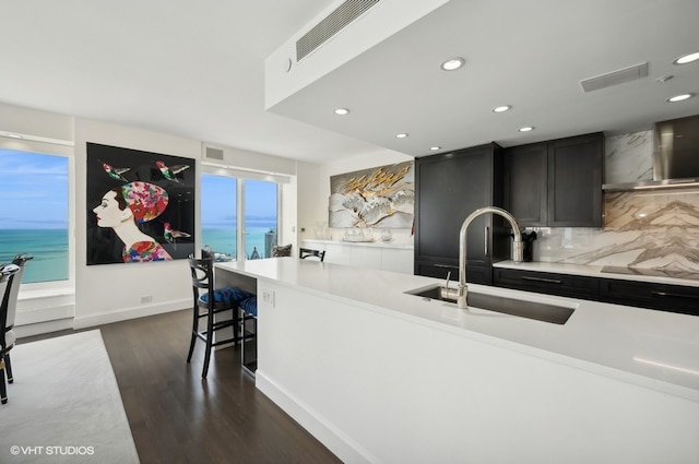 kitchen with tasteful backsplash, sink, an island with sink, a water view, and dark hardwood / wood-style flooring