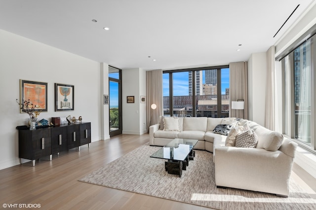 living room featuring expansive windows and light hardwood / wood-style flooring