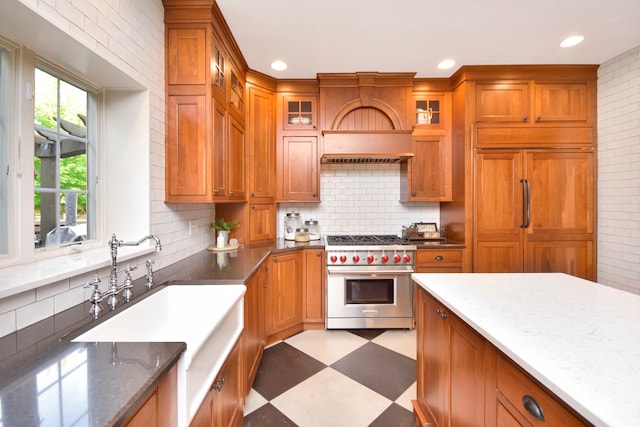 kitchen featuring stone countertops, sink, high end appliances, backsplash, and premium range hood