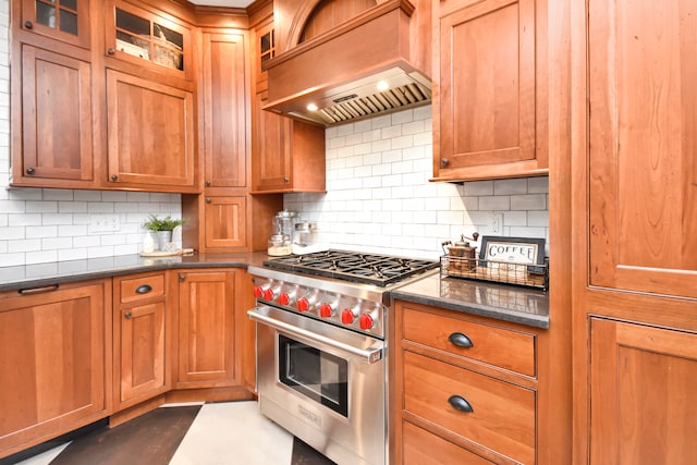 kitchen featuring tasteful backsplash, luxury stove, and premium range hood