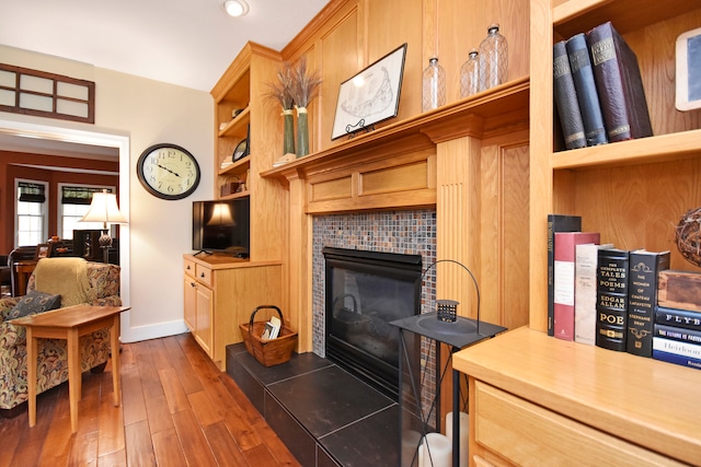 living room featuring dark wood-type flooring and a fireplace