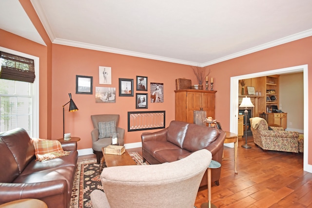 living room with wood-type flooring and crown molding