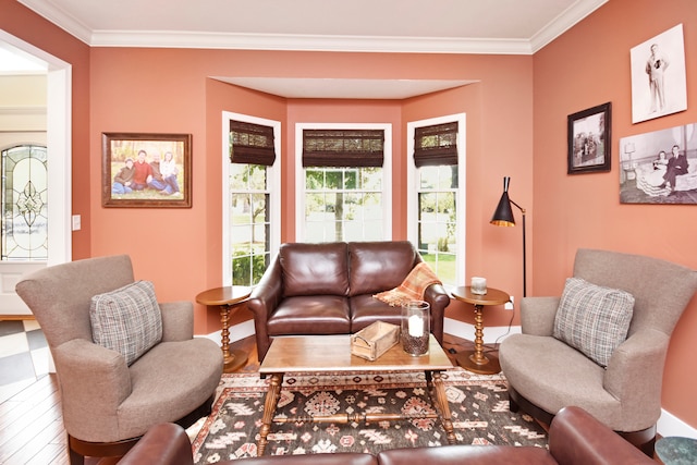 living room with hardwood / wood-style floors and crown molding