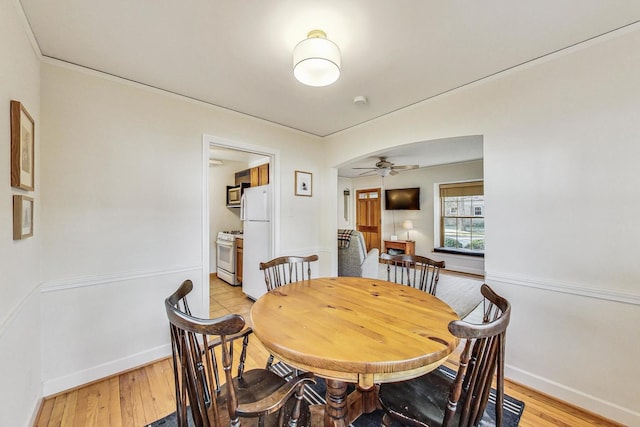 dining space with light hardwood / wood-style flooring and ceiling fan