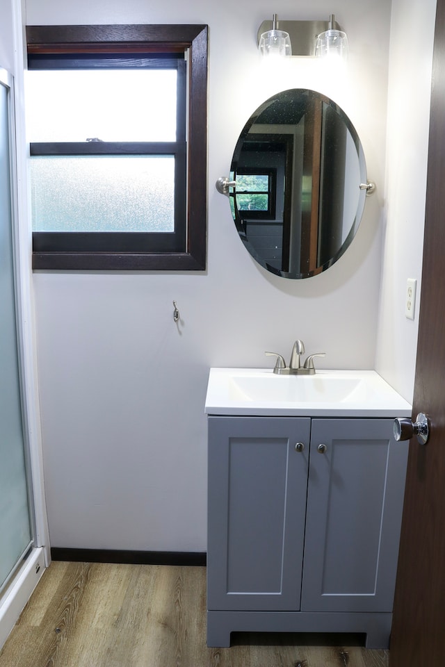 bathroom with wood-type flooring and vanity