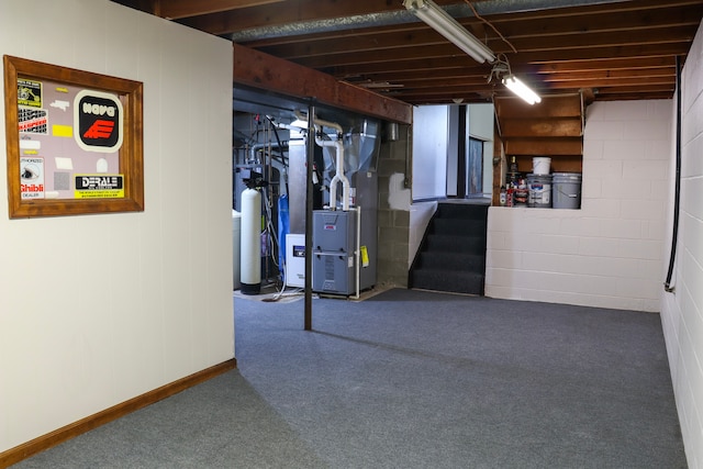 basement featuring heating unit and carpet