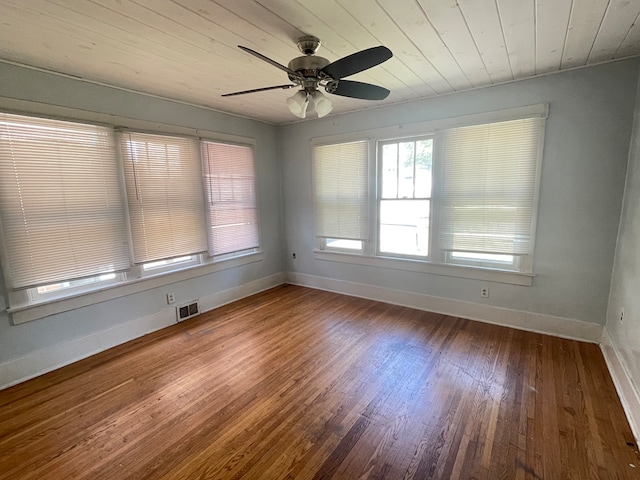 unfurnished room featuring wooden ceiling, hardwood / wood-style floors, and ceiling fan