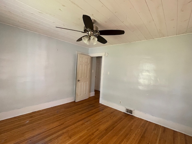 empty room featuring ceiling fan, wood ceiling, and wood-type flooring