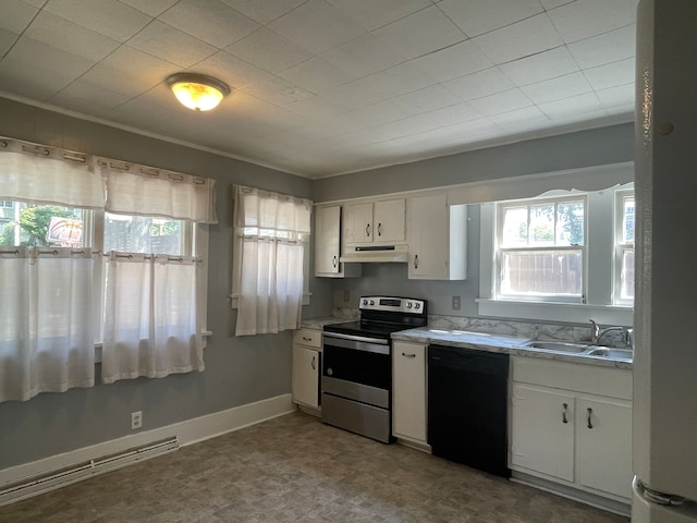 kitchen featuring white cabinets, sink, a baseboard heating unit, stainless steel range with electric cooktop, and black dishwasher