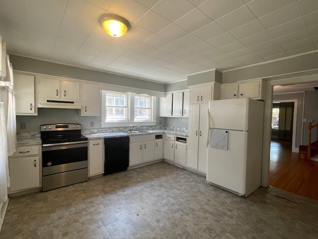 kitchen featuring dishwasher, white cabinetry, electric range, and white fridge