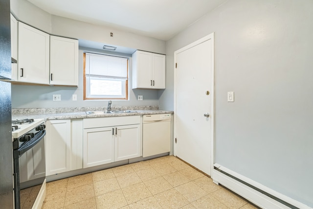 kitchen with a baseboard heating unit, dishwasher, sink, white cabinetry, and black range