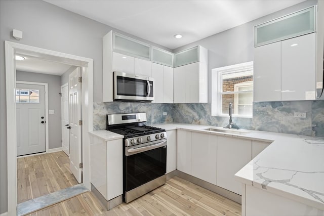 kitchen with appliances with stainless steel finishes, light wood-type flooring, sink, and plenty of natural light