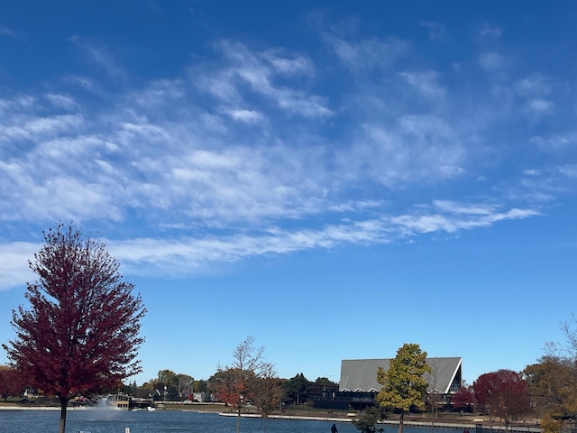 view of street with a water view