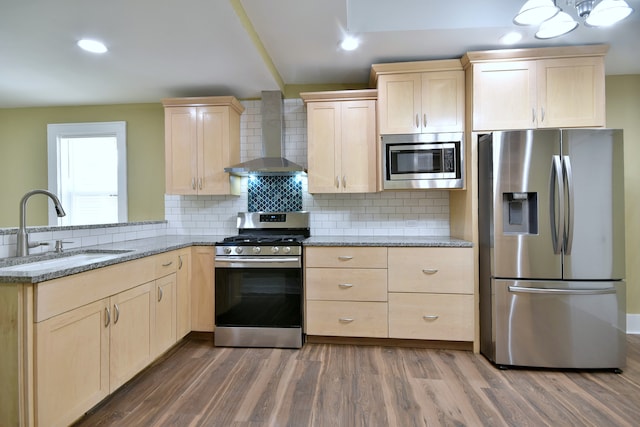 kitchen with dark hardwood / wood-style flooring, appliances with stainless steel finishes, sink, light stone counters, and wall chimney range hood