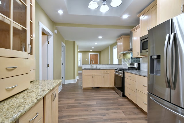 kitchen with appliances with stainless steel finishes, light stone countertops, sink, light brown cabinets, and dark wood-type flooring