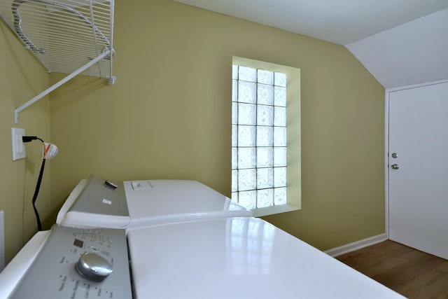 340 Pine St, Joliet, IL 60435 - clothes washing area featuring laundry area, wood finished floors, independent washer and dryer, and baseboards