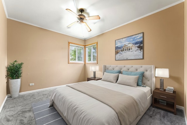 bedroom with carpet flooring, ornamental molding, and ceiling fan