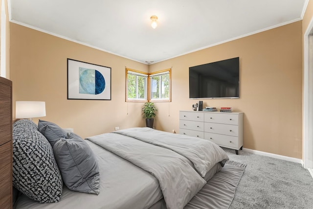 carpeted bedroom with crown molding